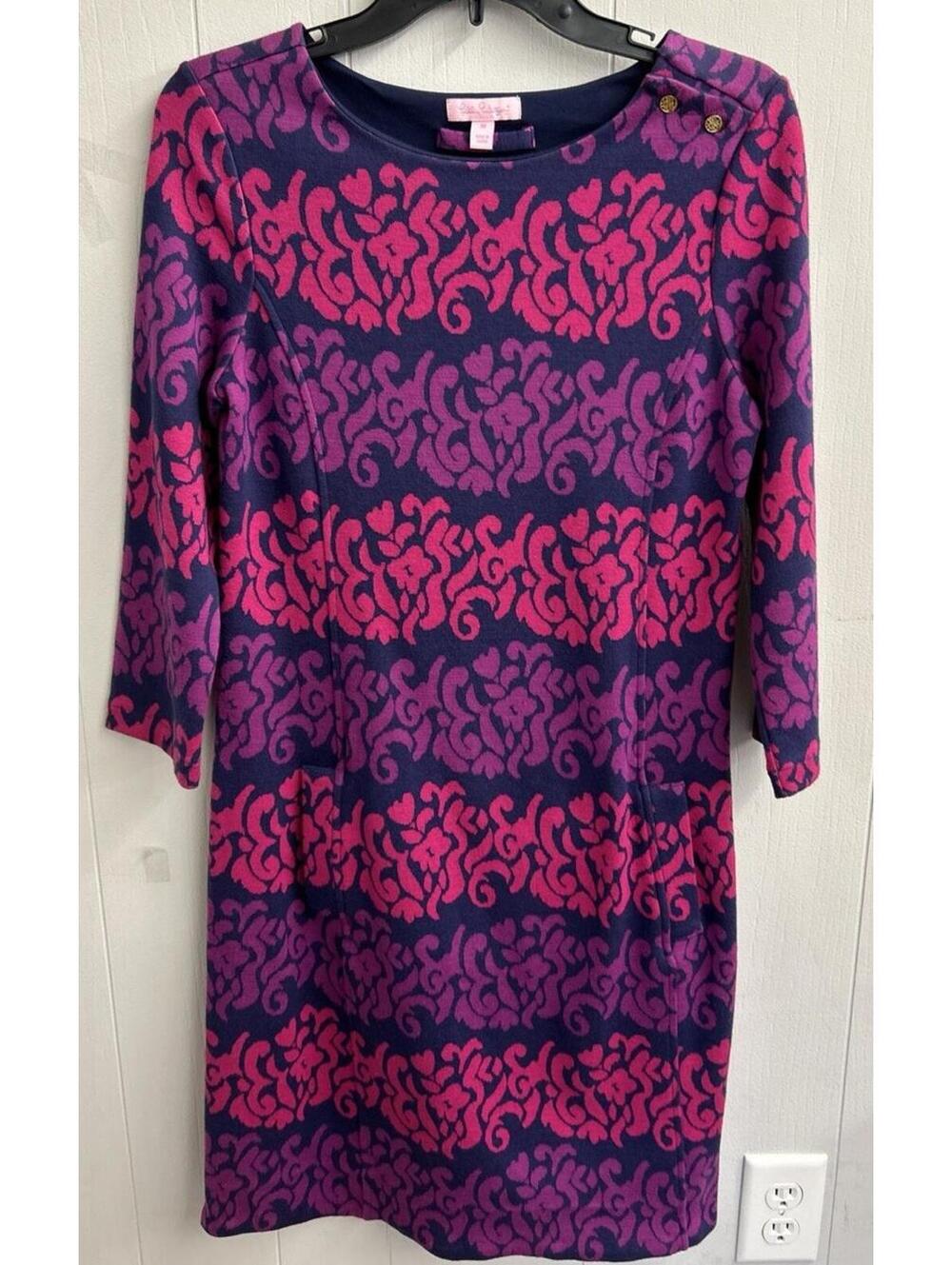 Lilly Pulitzer Dress. Navy With Pink and Purple Design. Long Sleeves. Sz M. EUC